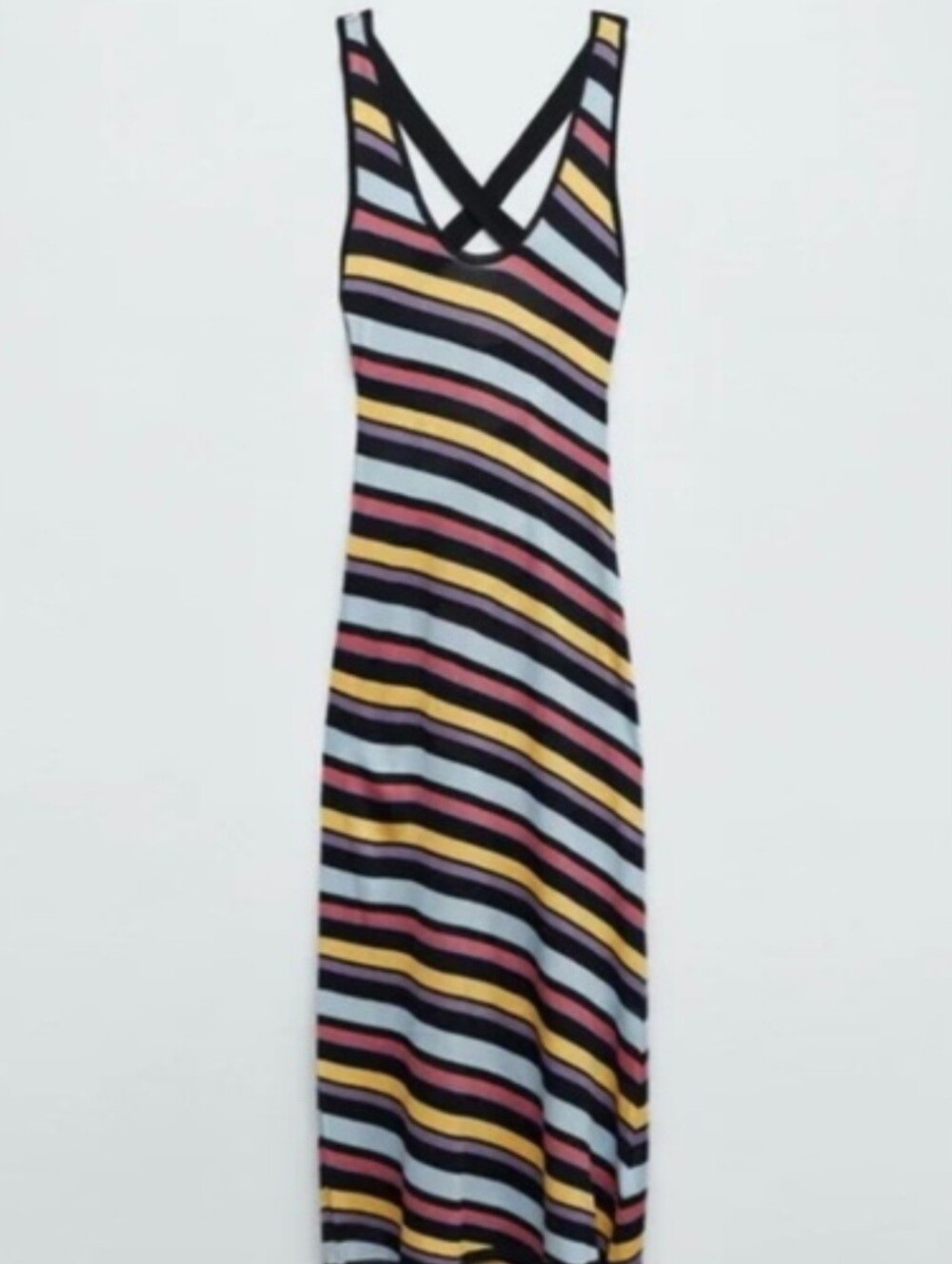 Zara Diagonal Stripe Lace Up Back Stretch Midi Dress Colorful Womens Small Sheer